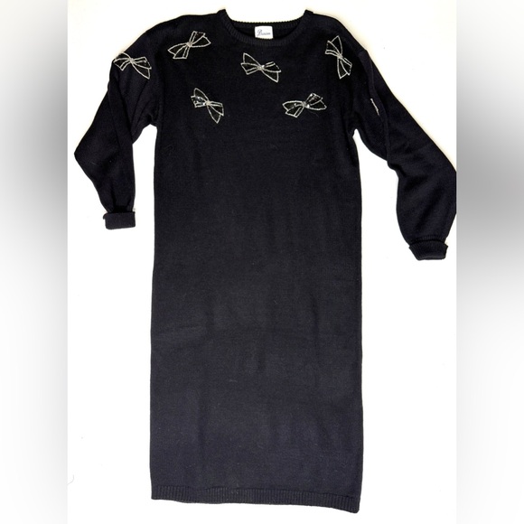 Vintage Darian Black Knit Sweater Dress with Silver Bow Appliqués Size Small - Picture 1 of 6
